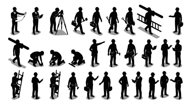 Construction worker silhouettes vector set featuring isometric builders engineers contractors and laborers with tools