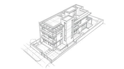 Fototapeta premium Modern house architectural sketch shows a multi-level residential building with flat roofs and a private courtyard area.