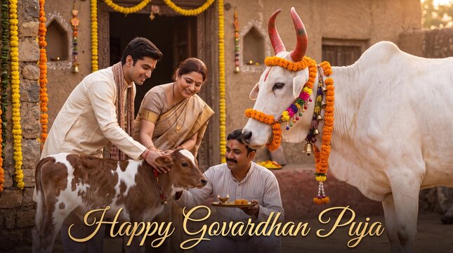 Hindu Devotees Worship Decorated Cow and Calf during Govardhan Puja Festival, Sacred Animals and Religious Tradition