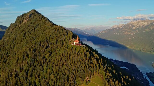 Aerial view of Interlaken from Harder Kulm at sunset, Switzerland