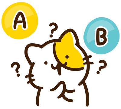 AとBの二つの選択肢で悩むかわいいねこのキャラクターのデフォルメイラスト