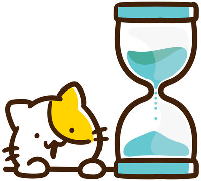 砂時計の隣で時間を待つかわいいねこのキャラクターのデフォルメイラスト