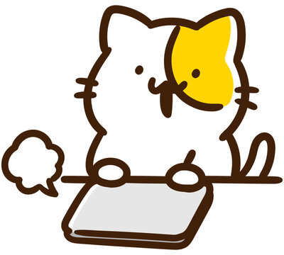 パタンとパソコンの画面を閉じてリラックスするねこのキャラクターのデフォルメイラスト