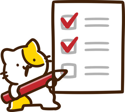 チェックリストにチェックを入れていくかわいいねこのキャラクターのデフォルメイラスト