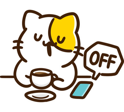 スマホの電源を切ってリラックスタイムを過ごすかわいいねこのキャラクターのデフォルメイラスト