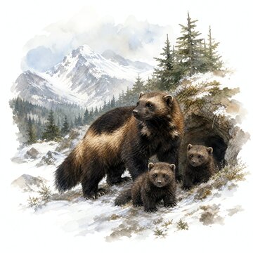 Mother Wolverine with Two Kits Beside Their Den, Watercolor