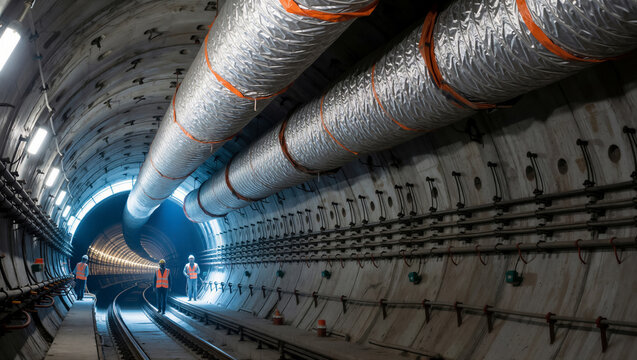 Construction worker walking inside a subway tunnel. Engineering team inspecting metro infrastructure project with ventilation system
