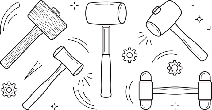 Carpentry wooden mallet and rubber hammer workshop tools line vector icon set