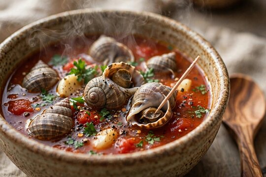 Mediterranean sea snail soup with tomato sauce, garlic, parsley and toothpick
