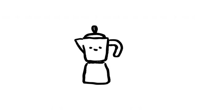 Moka Pot For Brewing Coffee Hand Drawn Doodle Animation. Stovetop Coffee Maker And Espresso Preparation. Kitchen Beverage Equipment. 4K Loop With Alpha Channel.