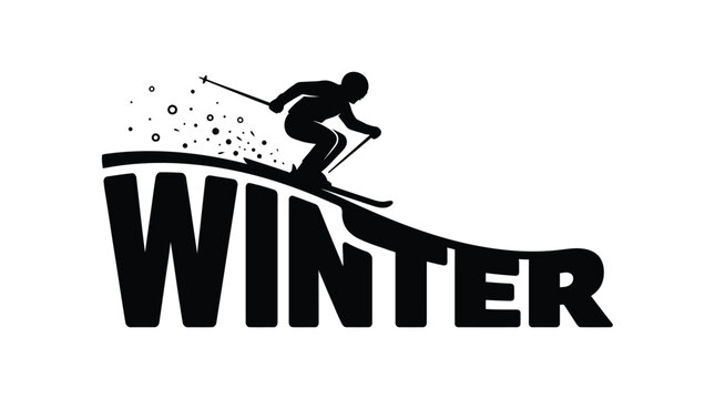 Winter sports skier silhouette logo, downhill skiing athlete on mountain slope, black and white alpine skiing vector illustration isolated on White Background