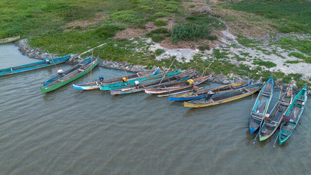 Aerial View of Fishing Boats Docked on Shore