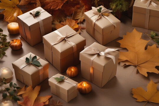 Fall candles and boxes in natural arrangement