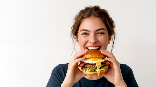 Happy young woman holding and eating a delicious juicy cheeseburger