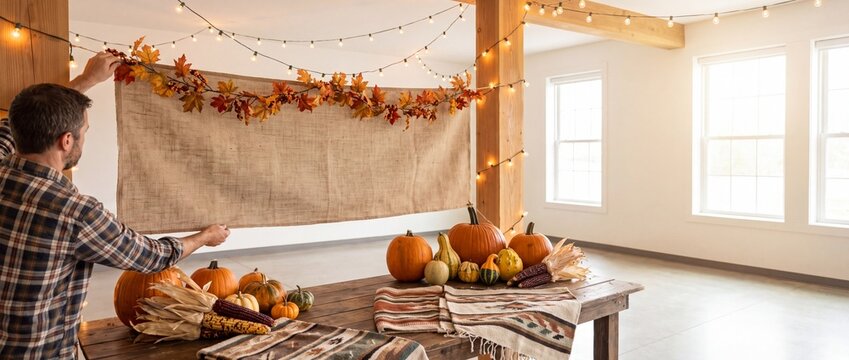 Person arranging fall decorations with pumpkins