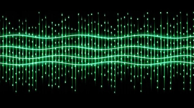 Abstract green digital waves and particles pulse in sync with sound during an energetic electronic music performance