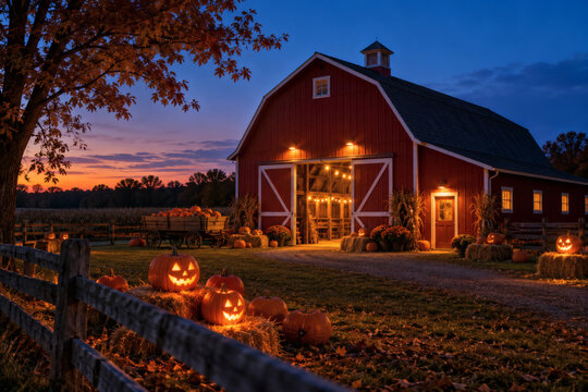 Pumpkin Patch Barn with Glowing Jack o Lanterns