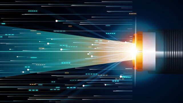 Abstract light stream emanating from glowing portal in dark digital network