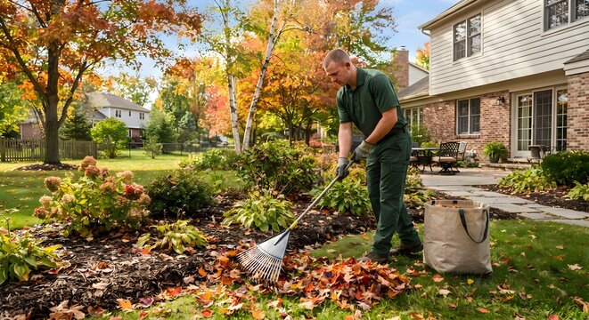 Landscaper Raking Autumn Fallen Leaves in Residential Backyard