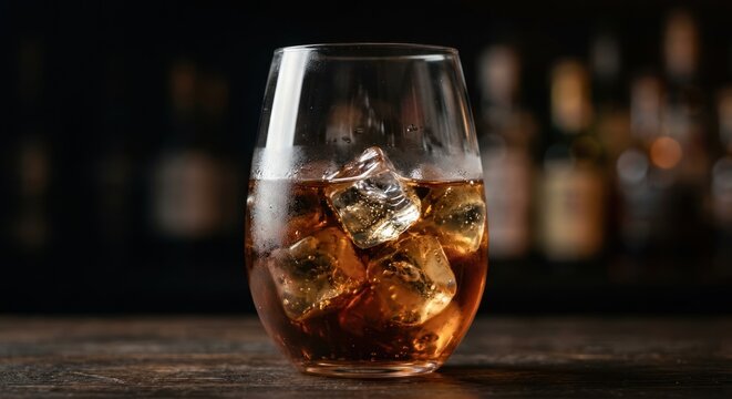 A refreshing glass of iced whiskey on a wooden table.