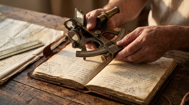 Vintage nautical navigation tools with an antique sextant and old maritime map on a rustic wooden table