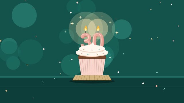 Animated birthday cupcake with number 30 candles for thirty year celebration and falling confetti on dark green background. 4k video