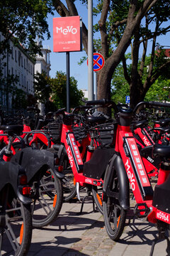 Bike-sharing station for red MEVO shared bicycles and electric bikes manufactured by Segway, convenient and sustainable urban transportation on July 24, 2026 in Sopot, Poland.