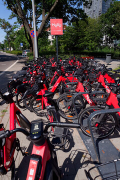 Bike-sharing station for red MEVO shared bicycles and electric bikes manufactured by Segway, convenient and sustainable urban transportation on July 24, 2026 in Sopot, Poland.