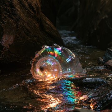 Iridescent seashell glowing in a dark rocky stream with flowing water and natural reflections