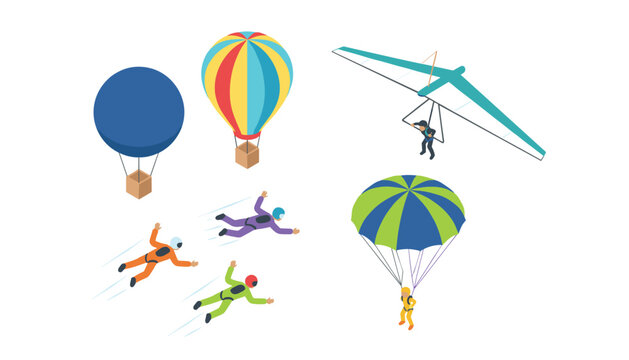 Extreme sky sports isometric collection with parachutist skydivers hang glider and hot air balloons