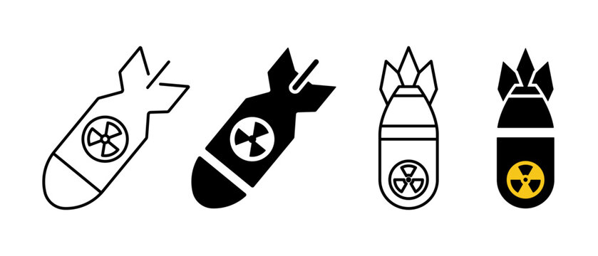 Nuclear bomb, missile, atomic warhead line and flat icon set. Radiation weapon danger hazard symbol collection. Vector illustration