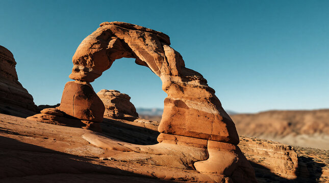 Sandstone arch formation in desert landscape under clear sky