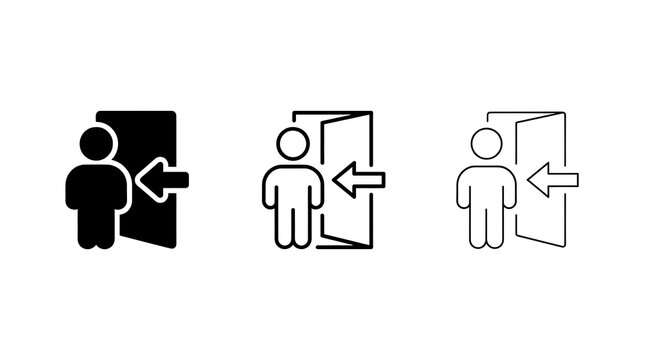 Person entering and exiting door icon set with bidirectional arrows isolated on transparent background
