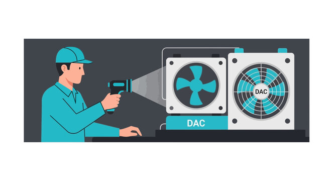 Technician Inspecting Direct Air Capture (DAC) Carbon Sequestration Equipment