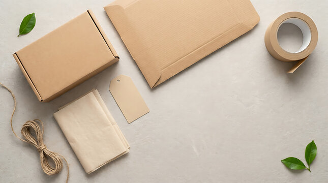 Eco friendly packaging materials, cardboard box and shipping supplies. Sustainable delivery concept with brown paper, tape, and twine for small business e-commerce