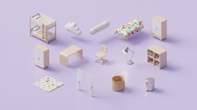 Isometric collection of wooden children bedroom furniture and decor elements on purple background