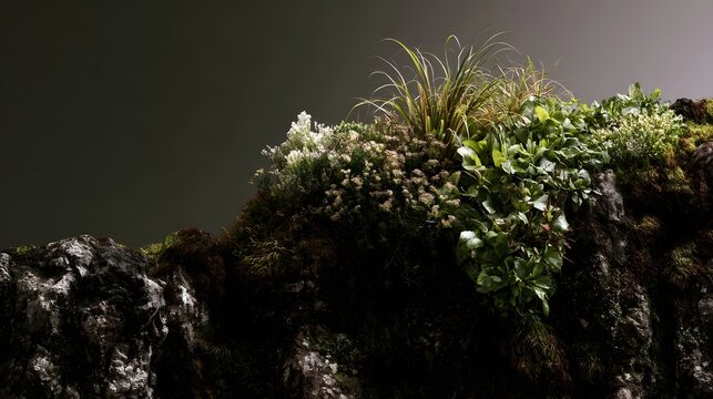 A lush cliffside garden with moss  grasses  and flowering plants thriving on rugged rock formations under soft ambient light