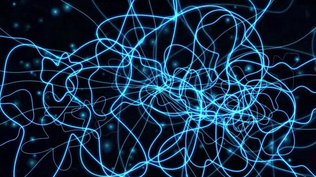 Abstract neon electric plasma lines forming complex patterns on a black background