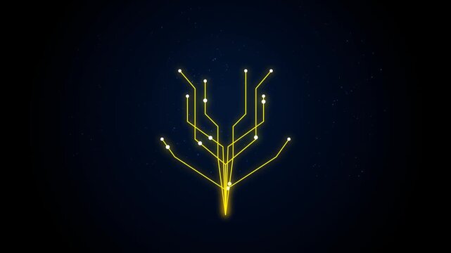 Golden circuit tree growing with glowing connections on dark background symbolizing digital growth and innovation