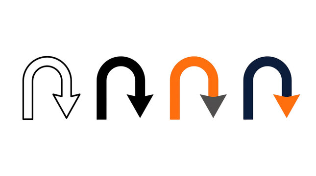 Set of four uturn arrow icons in different styles and colors isolated on transparent background
