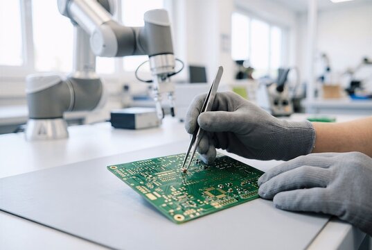Close up of female hands using tweezers to assemble a micro component onto a sterile robot circuit board. Bright daylight visual for Lovelace Day.
