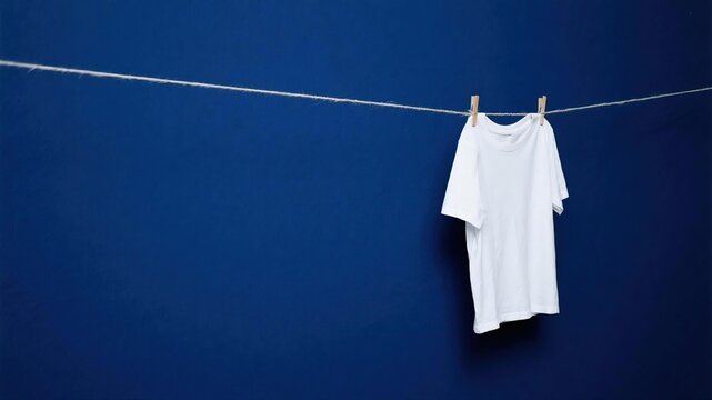 Blank plain white short sleeve t-shirt hanging on jute rope with wooden clothespins against solid dark blue background for mockup design