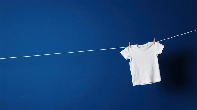 Blank plain white short sleeve t-shirt hanging on white clothesline with wooden clothespin against solid deep blue background for design mockup
