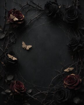 Dark Gothic Background With Black Roses, Moths and Cobwebs
