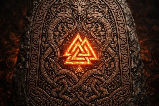 Intricate Norse mythology stone carving