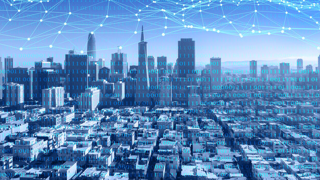 binary code overlay and digital data grid from nodes and lines over modern city skyline, smart city background concept with copy space