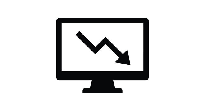 Computer monitor displaying a declining chart with downward arrow flat icon on white
