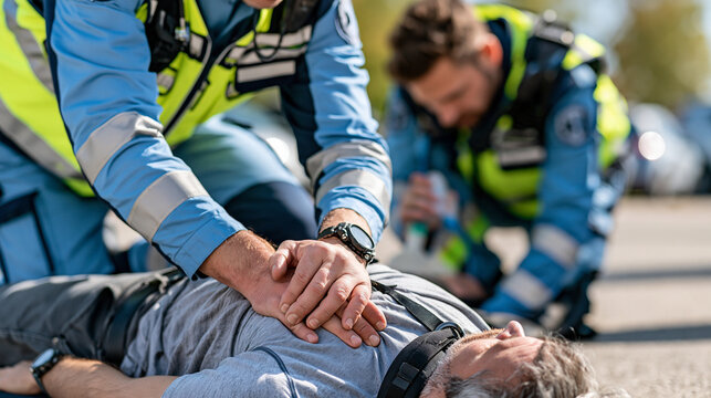 Two paramedics performing CPR on an unconscious adult patient after a road accident, one providing chest compressions and the other assisting ventilation, trauma response,