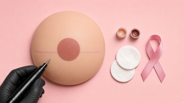 Areola tattoo on silicone breast model practice skin pink ribbon