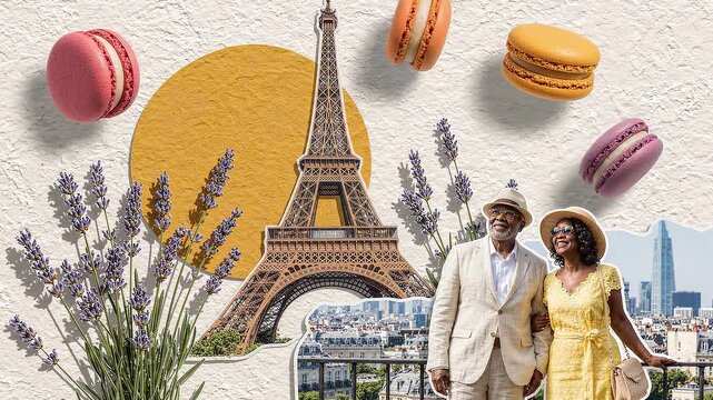 Paper collage animation of a senior couple enjoying a Paris vacation featuring the Eiffel Tower, colorful macarons, and blooming lavender.
